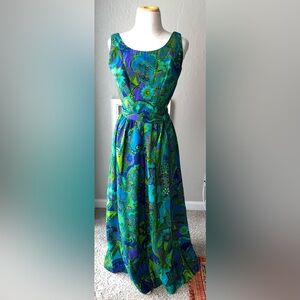 Vibrant Blue & Green Paisley Fit-and-Flare Dress